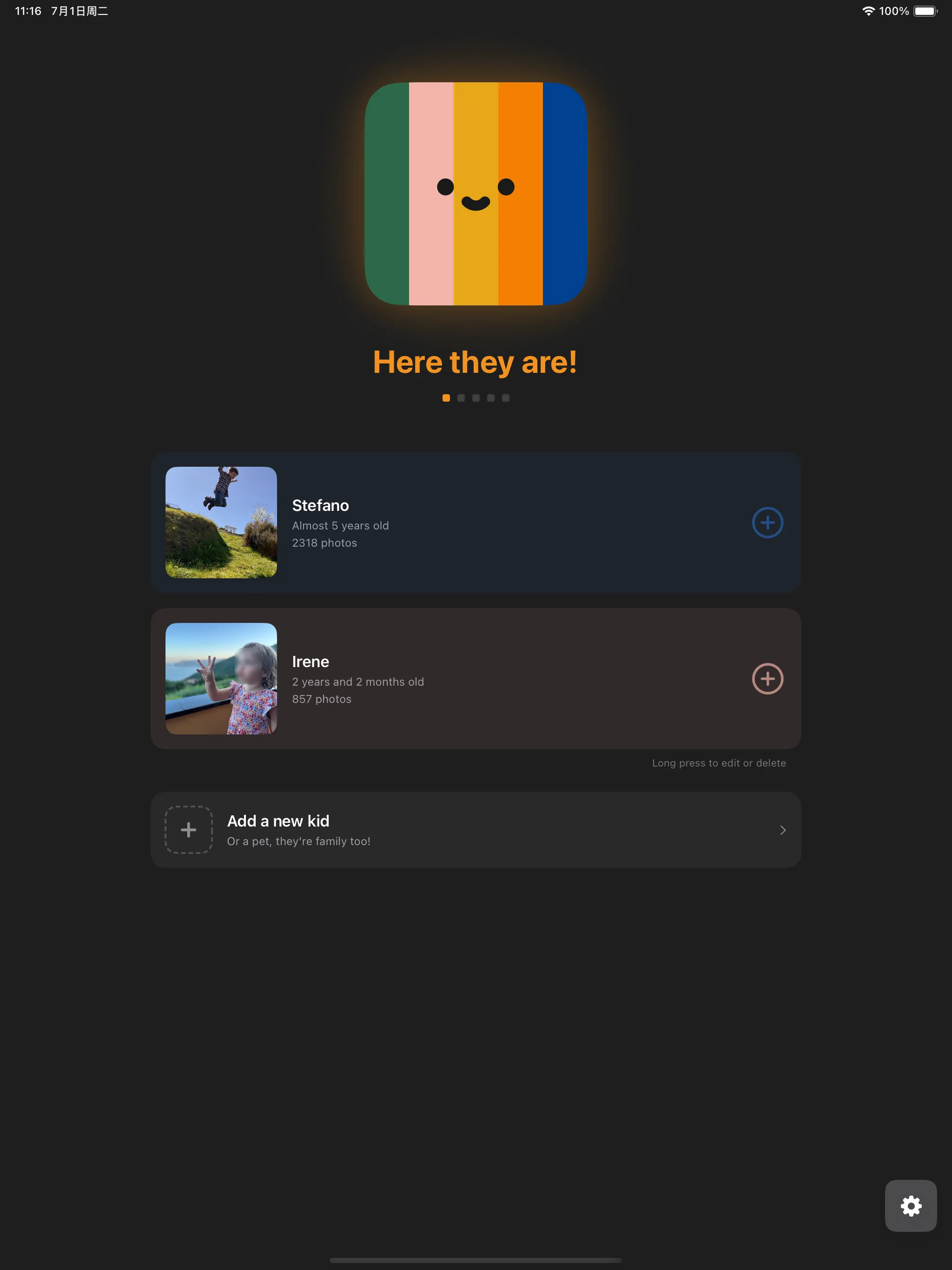 Kids dashboard showing child profiles with photos