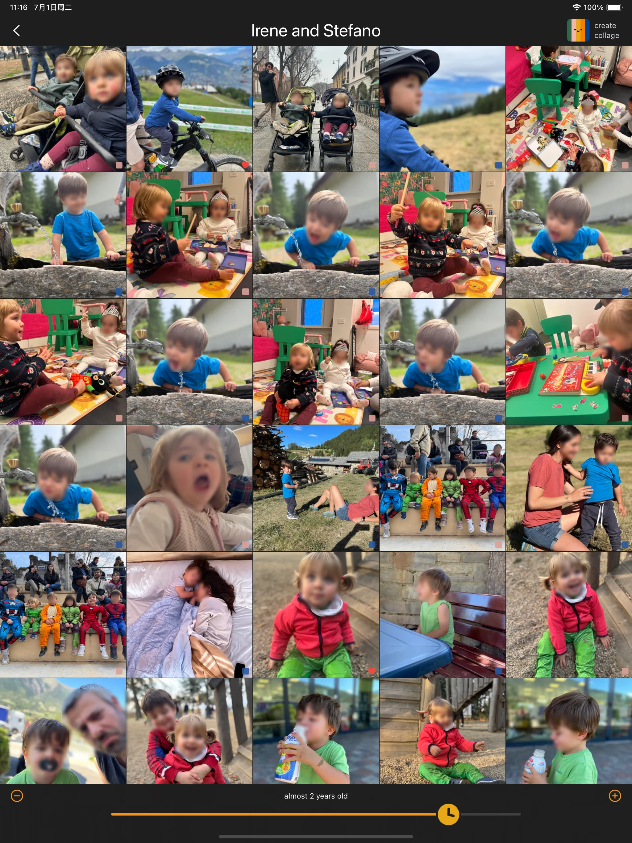 Timeline view comparing children at the same age