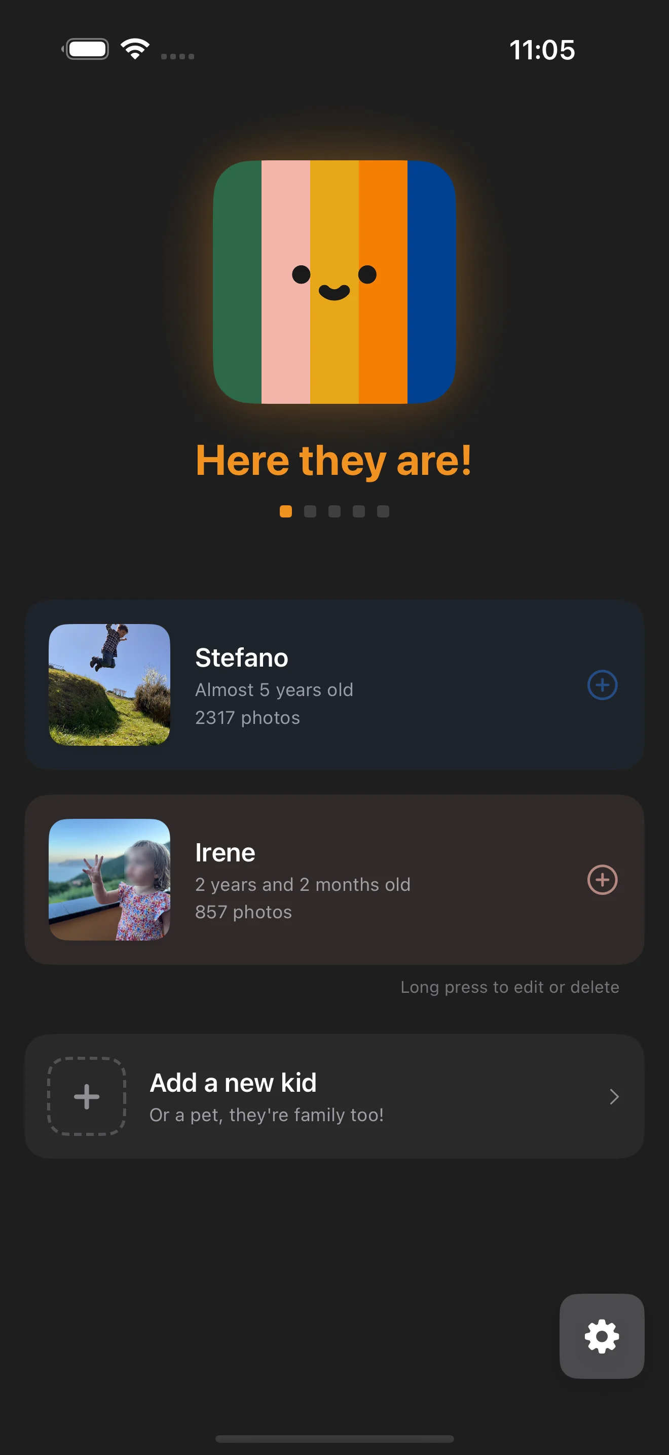 Kids dashboard showing child profiles with photos