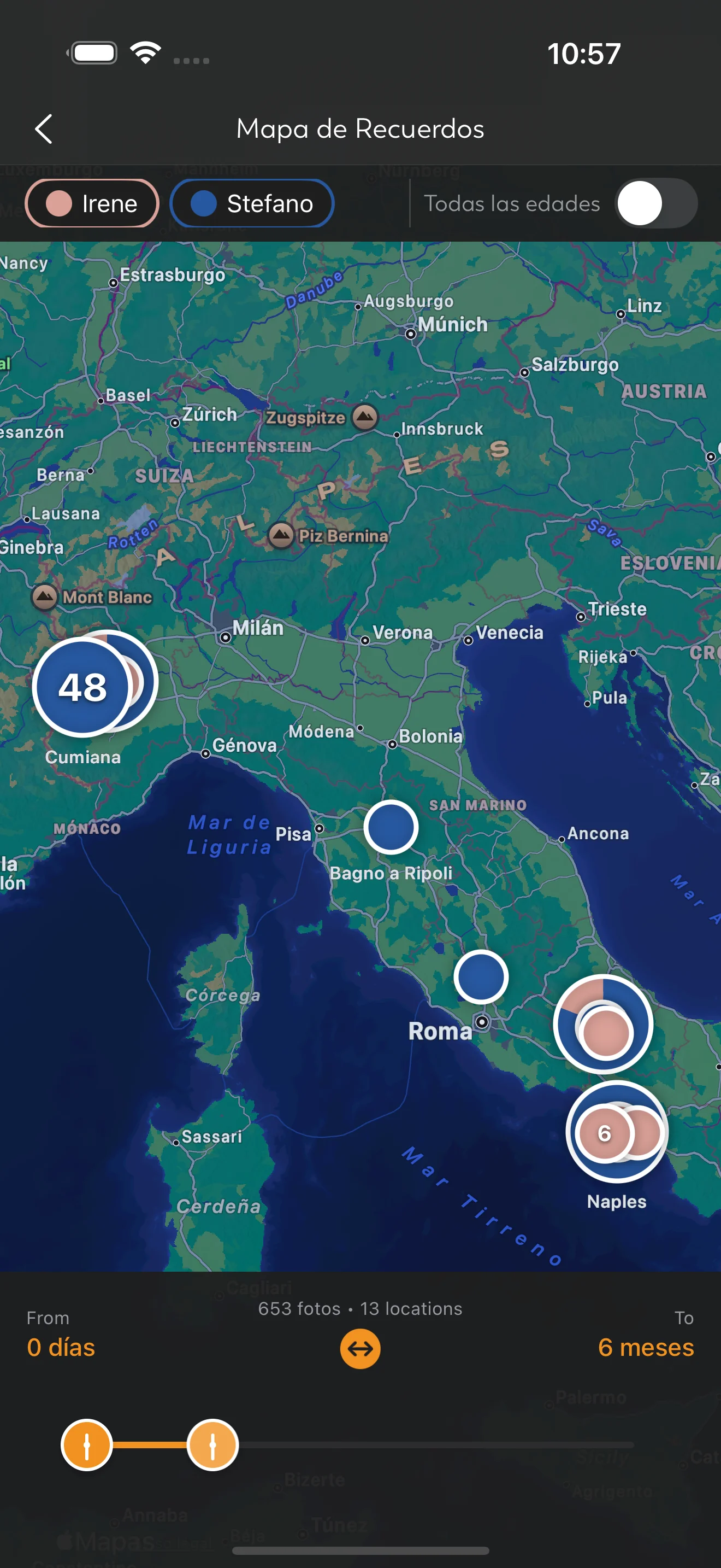 Mapa de recuerdos mostrando ubicaciones de fotos