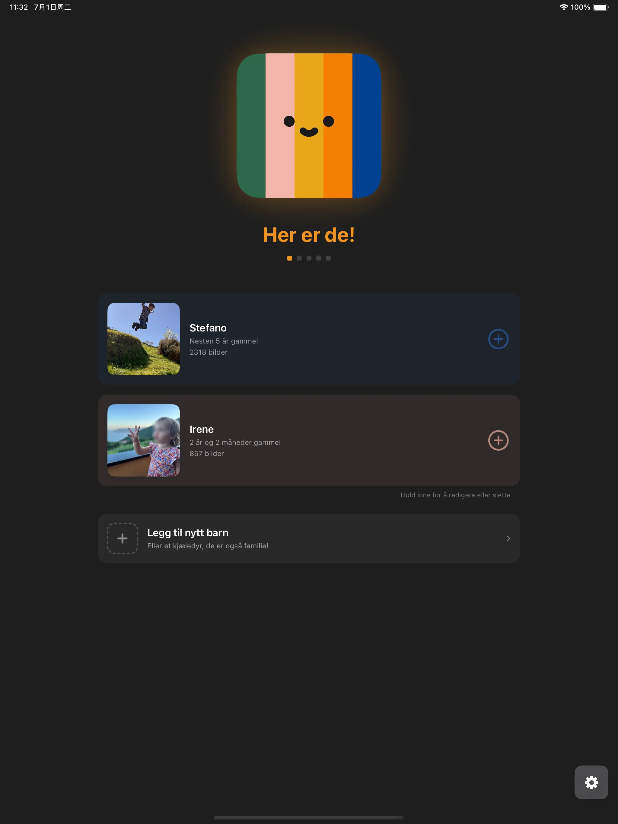 Barnedashbord med profiler og bilder